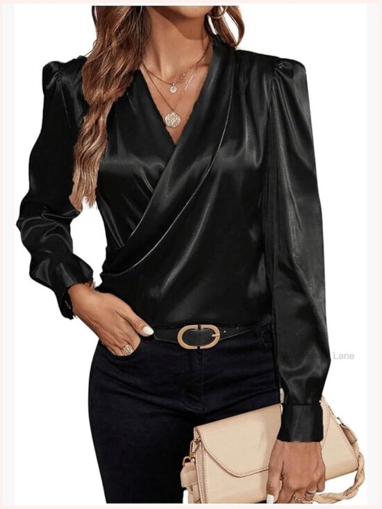 Tops - Women's Satin Silk V-Neck Wrap Blouse Long Sleeve Puff Sleeve Office Top